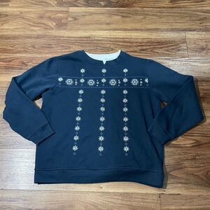 Feather Sweater Crew Neck Cotton Floral Long Sleeve Navy Blue Womens Size Medium